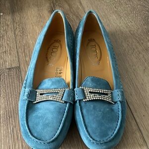Tod's Blue Suede Loafers with Metallic Rhinestone Accent